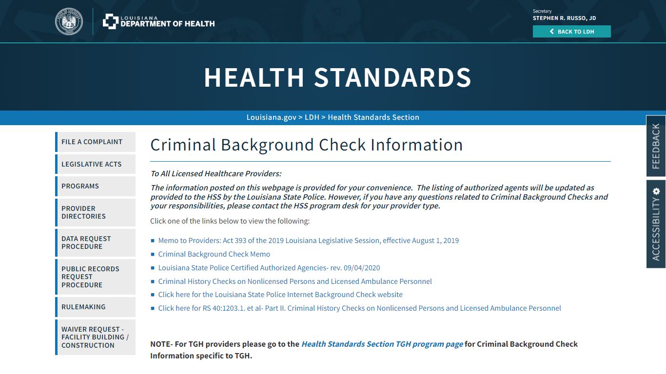 Criminal Background Check Information | La Dept. of Health